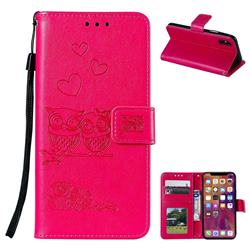 Embossing Owl Couple Flower Leather Wallet Case for iPhone XS / iPhone X(5.8 inch) - Red