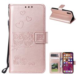 Embossing Owl Couple Flower Leather Wallet Case for iPhone XS / iPhone X(5.8 inch) - Rose Gold