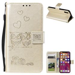 Embossing Owl Couple Flower Leather Wallet Case for iPhone XS / iPhone X(5.8 inch) - Golden