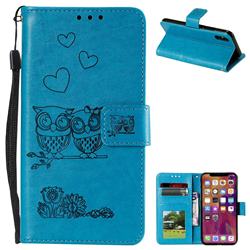 Embossing Owl Couple Flower Leather Wallet Case for iPhone XS / iPhone X(5.8 inch) - Blue