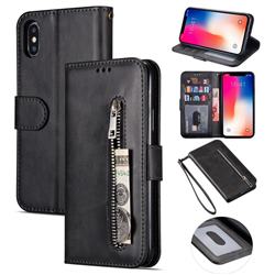 Retro Calfskin Zipper Leather Wallet Case Cover for iPhone XS / iPhone X(5.8 inch) - Black