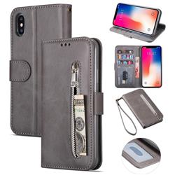 Retro Calfskin Zipper Leather Wallet Case Cover for iPhone XS / iPhone X(5.8 inch) - Grey