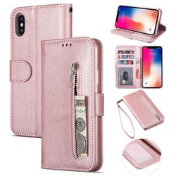 Retro Calfskin Zipper Leather Wallet Case Cover for iPhone XS / iPhone X(5.8 inch) - Rose Gold