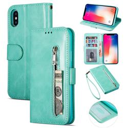 Retro Calfskin Zipper Leather Wallet Case Cover for iPhone XS / iPhone X(5.8 inch) - Mint Green
