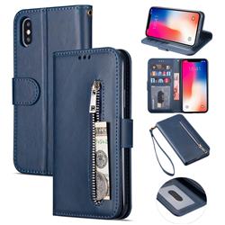 Retro Calfskin Zipper Leather Wallet Case Cover for iPhone XS / iPhone X(5.8 inch) - Blue