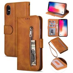 Retro Calfskin Zipper Leather Wallet Case Cover for iPhone XS / iPhone X(5.8 inch) - Brown