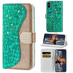 Glitter Diamond Buckle Laser Stitching Leather Wallet Phone Case for iPhone XS / iPhone X(5.8 inch) - Green