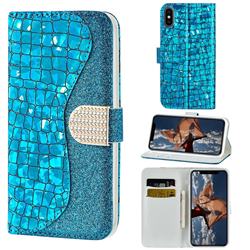 Glitter Diamond Buckle Laser Stitching Leather Wallet Phone Case for iPhone XS / iPhone X(5.8 inch) - Blue