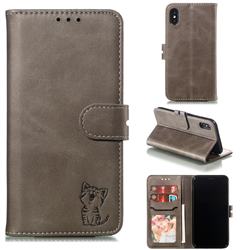 Embossing Happy Cat Leather Wallet Case for iPhone XS / iPhone X(5.8 inch) - Gray