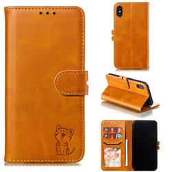 Embossing Happy Cat Leather Wallet Case for iPhone XS / iPhone X(5.8 inch) - Yellow