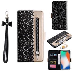 Luxury Lace Zipper Stitching Leather Phone Wallet Case for iPhone XS / iPhone X(5.8 inch) - Black