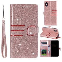 Retro Stitching Glitter Leather Wallet Phone Case for iPhone XS / iPhone X(5.8 inch) - Rose Gold