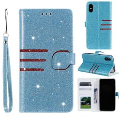 Retro Stitching Glitter Leather Wallet Phone Case for iPhone XS / iPhone X(5.8 inch) - Blue