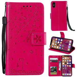 Embossing Cherry Blossom Cat Leather Wallet Case for iPhone XS / iPhone X(5.8 inch) - Rose