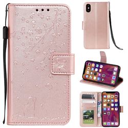 Embossing Cherry Blossom Cat Leather Wallet Case for iPhone XS / iPhone X(5.8 inch) - Rose Gold