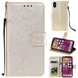Embossing Cherry Blossom Cat Leather Wallet Case for iPhone XS / iPhone X(5.8 inch) - Golden
