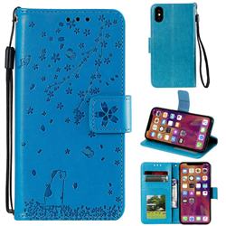 Embossing Cherry Blossom Cat Leather Wallet Case for iPhone XS / iPhone X(5.8 inch) - Blue