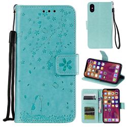 Embossing Cherry Blossom Cat Leather Wallet Case for iPhone XS / iPhone X(5.8 inch) - Green