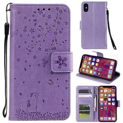 Embossing Cherry Blossom Cat Leather Wallet Case for iPhone XS / iPhone X(5.8 inch) - Purple