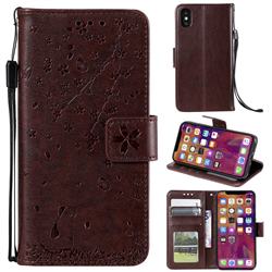 Embossing Cherry Blossom Cat Leather Wallet Case for iPhone XS / iPhone X(5.8 inch) - Brown