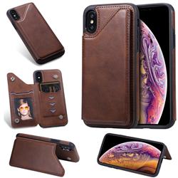 Luxury Multifunction Magnetic Card Slots Stand Calf Leather Phone Back Cover for iPhone XS / iPhone X(5.8 inch) - Coffee