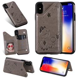 Luxury Bee and Cat Multifunction Magnetic Card Slots Stand Leather Back Cover for iPhone XS / iPhone X(5.8 inch) - Black