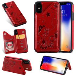Luxury Bee and Cat Multifunction Magnetic Card Slots Stand Leather Back Cover for iPhone XS / iPhone X(5.8 inch) - Red