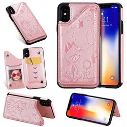 Luxury Bee and Cat Multifunction Magnetic Card Slots Stand Leather Back Cover for iPhone XS / iPhone X(5.8 inch) - Rose Gold