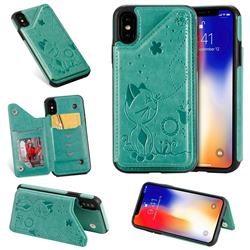 Luxury Bee and Cat Multifunction Magnetic Card Slots Stand Leather Back Cover for iPhone XS / iPhone X(5.8 inch) - Green