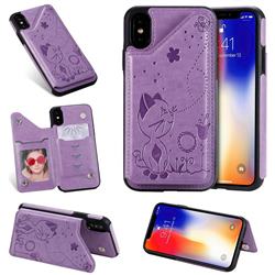 Luxury Bee and Cat Multifunction Magnetic Card Slots Stand Leather Back Cover for iPhone XS / iPhone X(5.8 inch) - Purple