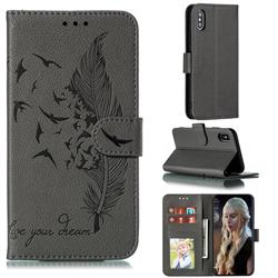 Intricate Embossing Lychee Feather Bird Leather Wallet Case for iPhone XS / iPhone X(5.8 inch) - Gray