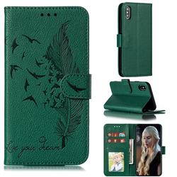 Intricate Embossing Lychee Feather Bird Leather Wallet Case for iPhone XS / iPhone X(5.8 inch) - Green