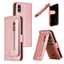 Multifunction 9 Cards Leather Zipper Wallet Phone Case for iPhone XS / iPhone X(5.8 inch) - Rose Gold