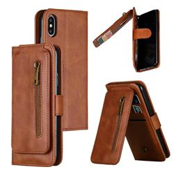 Multifunction 9 Cards Leather Zipper Wallet Phone Case for iPhone XS / iPhone X(5.8 inch) - Brown