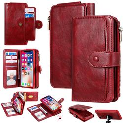 Retro Multifunction Zipper Magnetic Separable Leather Phone Case Cover for iPhone XS / iPhone X(5.8 inch) - Red