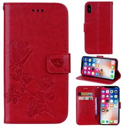 Embossing Rose Flower Leather Wallet Case for iPhone XS / iPhone X(5.8 inch) - Red