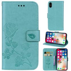 Embossing Rose Flower Leather Wallet Case for iPhone XS / iPhone X(5.8 inch) - Green
