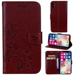 Embossing Rose Flower Leather Wallet Case for iPhone XS / iPhone X(5.8 inch) - Brown