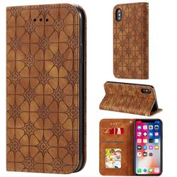 Intricate Embossing Four Leaf Clover Leather Wallet Case for iPhone XS / iPhone X(5.8 inch) - Yellowish Brown