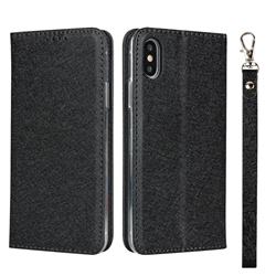 Ultra Slim Magnetic Automatic Suction Silk Lanyard Leather Flip Cover for iPhone XS / iPhone X(5.8 inch) - Black