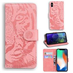 Intricate Embossing Tiger Face Leather Wallet Case for iPhone XS / iPhone X(5.8 inch) - Pink