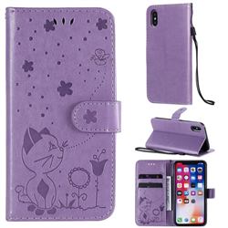 Embossing Bee and Cat Leather Wallet Case for iPhone XS / iPhone X(5.8 inch) - Purple