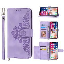 Skin Feel Embossed Lace Flower Multiple Card Slots Leather Wallet Phone Case for iPhone XS / iPhone X(5.8 inch) - Purple