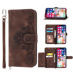 Skin Feel Embossed Lace Flower Multiple Card Slots Leather Wallet Phone Case for iPhone XS / iPhone X(5.8 inch) - Brown