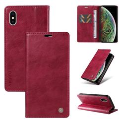 YIKATU Litchi Card Magnetic Automatic Suction Leather Flip Cover for iPhone XS / iPhone X(5.8 inch) - Wine Red