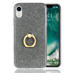 Luxury Soft TPU Glitter Back Ring Cover with 360 Rotate Finger Holder Buckle for iPhone Xr (6.1 inch) - Black