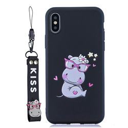 Black Flower Hippo Soft Kiss Candy Hand Strap Silicone Case for iPhone Xr (6.1 inch)