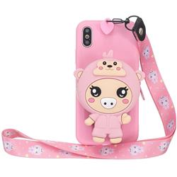 Pink Pig Neck Lanyard Zipper Wallet Silicone Case for iPhone Xr (6.1 inch)