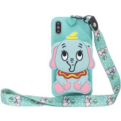 Blue Elephant Neck Lanyard Zipper Wallet Silicone Case for iPhone Xr (6.1 inch)