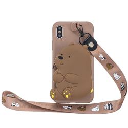 Brown Bear Neck Lanyard Zipper Wallet Silicone Case for iPhone Xr (6.1 inch)